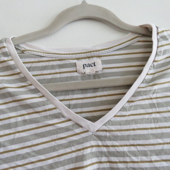 PACT Organic Cotton Seagrass Stripe Softspun V Neck T Shirt Basic Neutral Size S - Picture 9 of 15